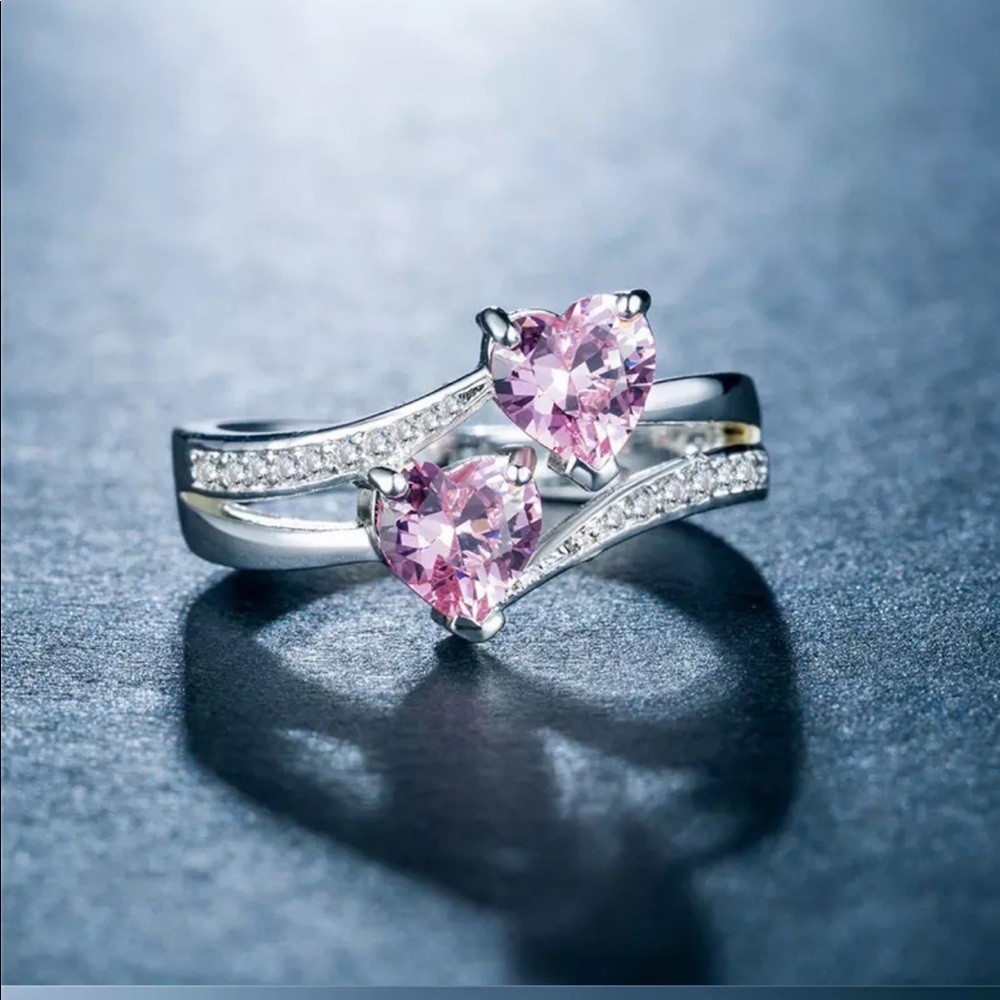 New 925 Silver Two Romantic Hearts Shape Sapphire Ring - Picture 2 of 5
